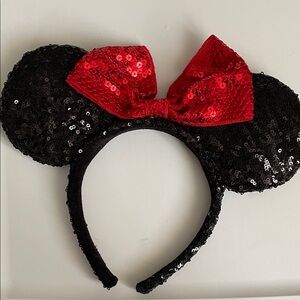 Black Sequin Minnie Ear Headband with Red Bow - Disney